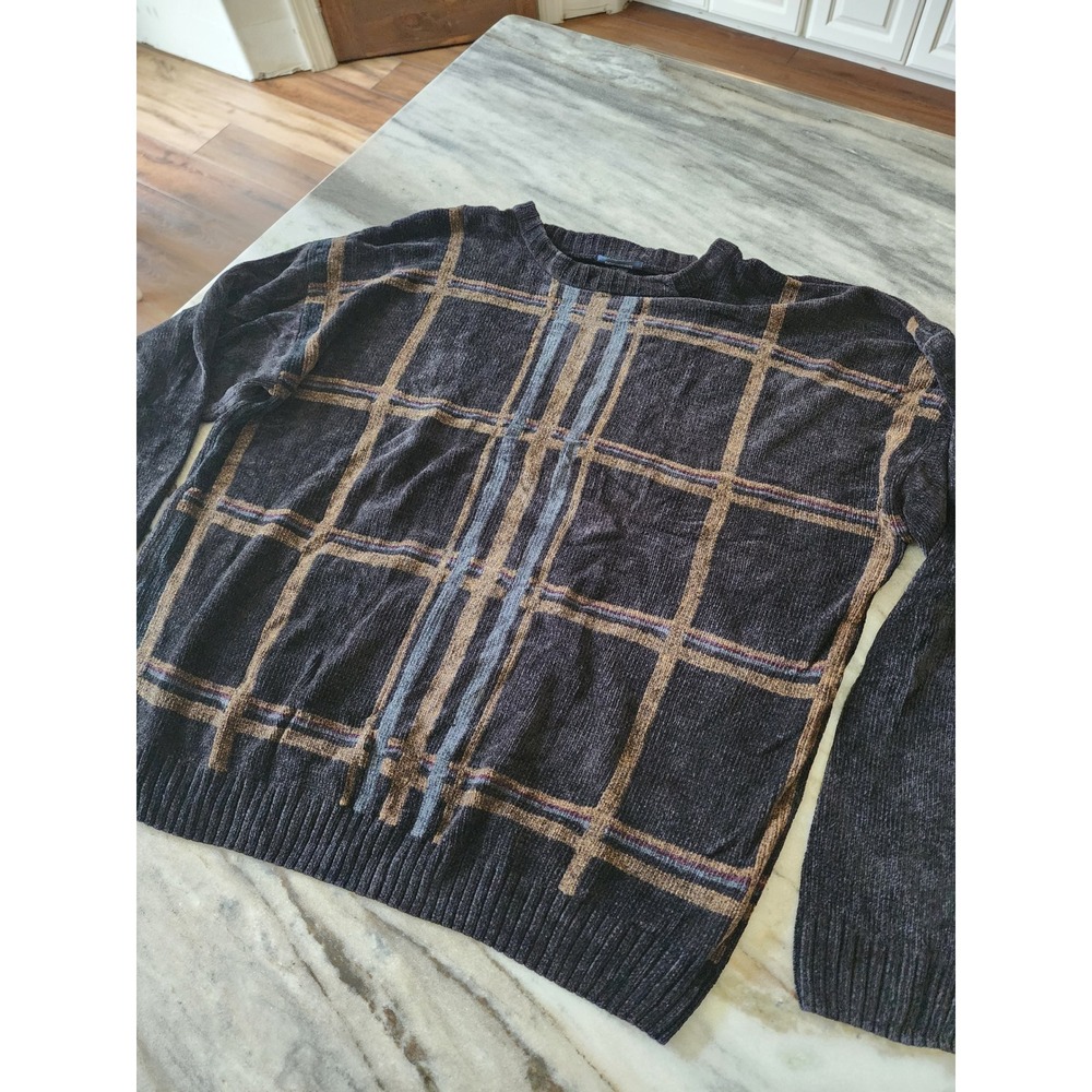 Dockers Mens XL Black Chenille Plaid Grandpa Sweater Vintage 90s Grunge Knit